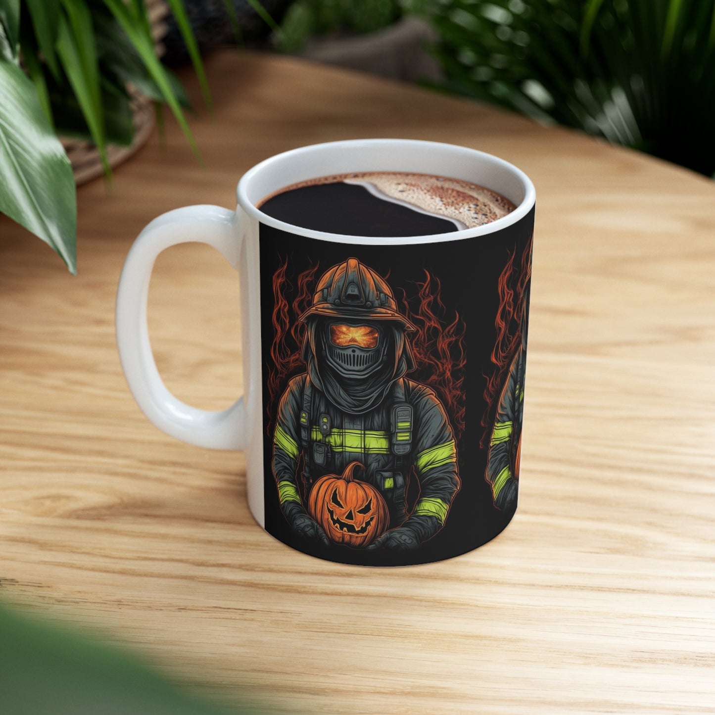 Firefighter Spooky Alert: Facing Haunted Halloween Spirits Scary Fire Pumpkin - Ceramic Mug 11oz