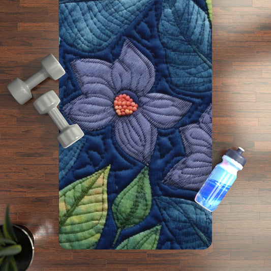 Floral Embroidery Blue: Denim-Inspired, Flower Design - Rubber Yoga Mat