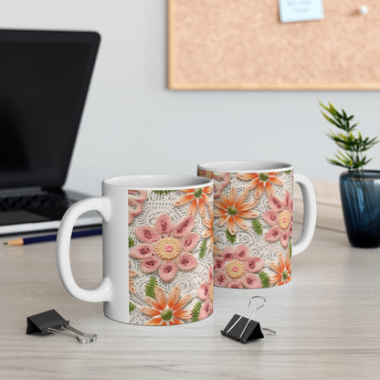 Floral Embroidered Eyelet: Delicate Flower Elegant Pattern - Ceramic Mug 11oz