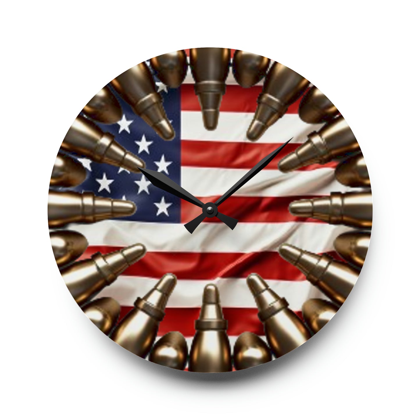 American Valor Acrylic Wall Clock - Patriotic Bullet Array, Non-Live Ammunition, Stars and Stripes Display, Heroic USA Timepiece