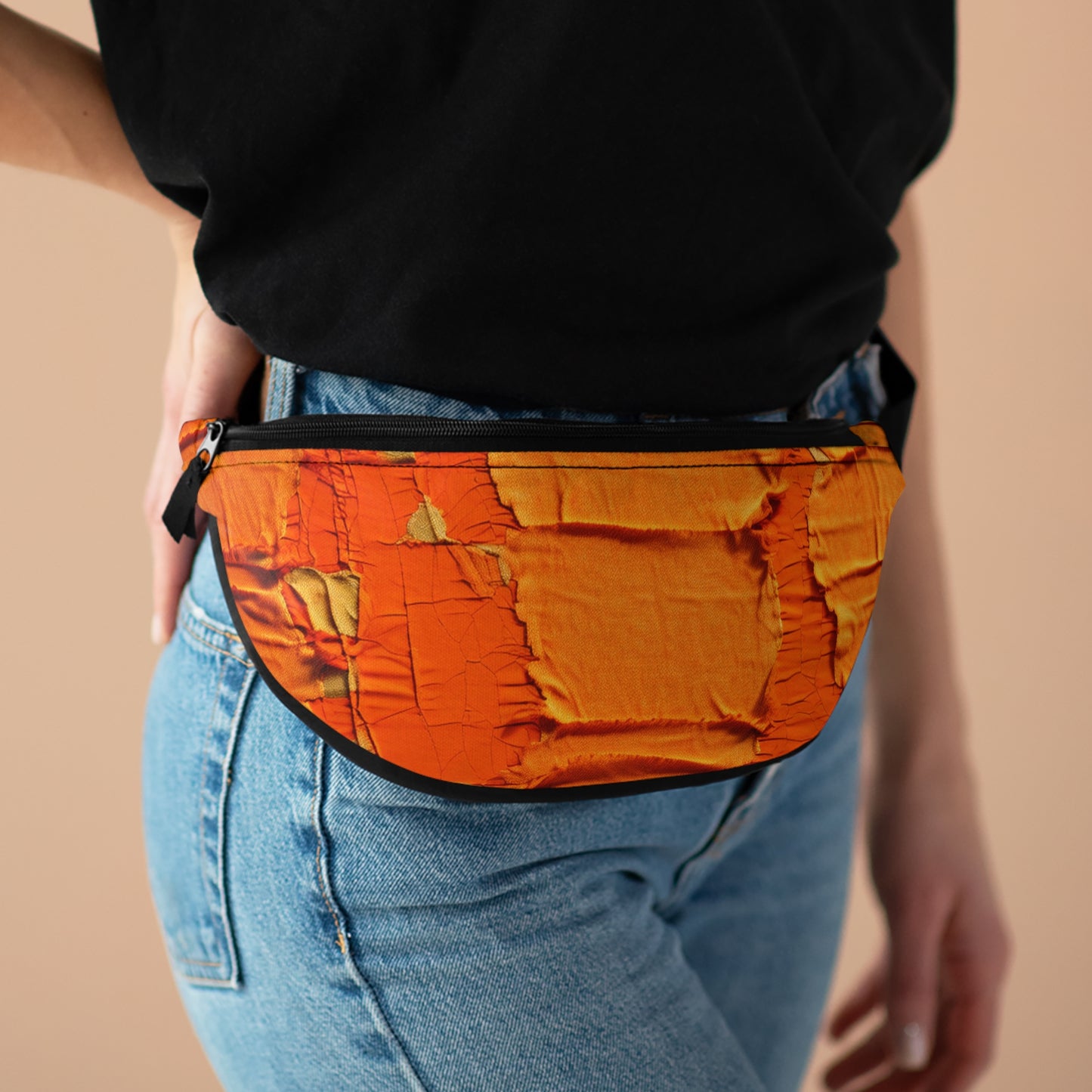 Fiery Citrus Orange: Edgy Distressed, Denim-Inspired Fabric - Fanny Pack