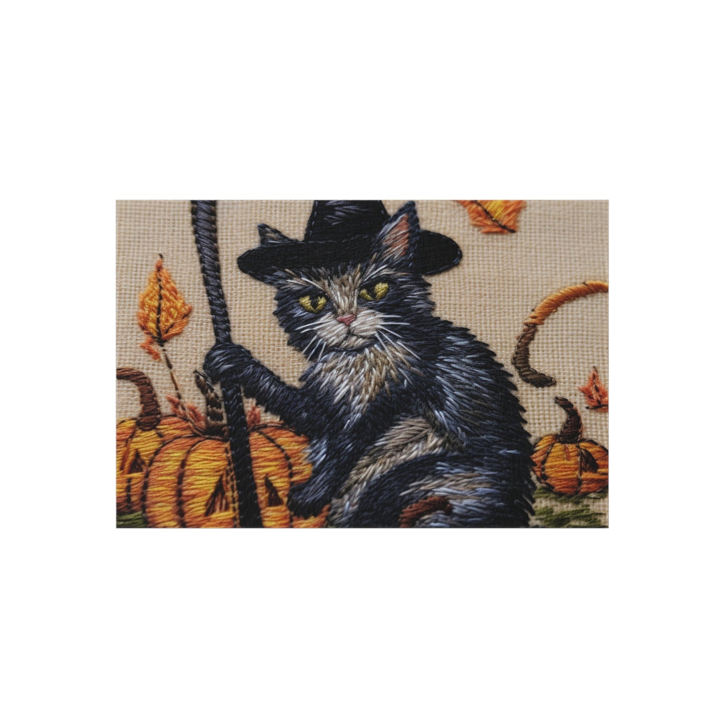 Halloween Cat Magic: Embroidered Style Feline with Pumpkins & Witch Hat - Outdoor Rug