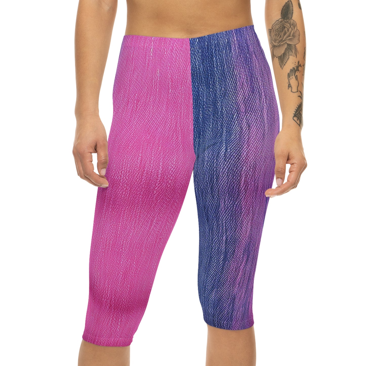 Dual Delight: Half-and-Half Pink & Blue Denim Daydream - Women’s Capri Leggings (AOP)