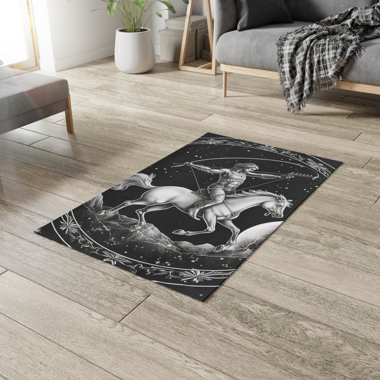 Sagittarius Zodiac Black & White Archer Design - Dobby Rug