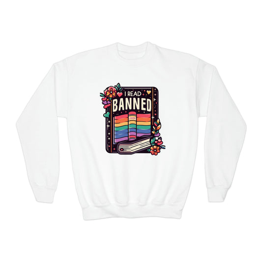 I Read Banned Books - Colorful Pride Love Book with Floral Accents - Youth Crewneck Sweatshirt