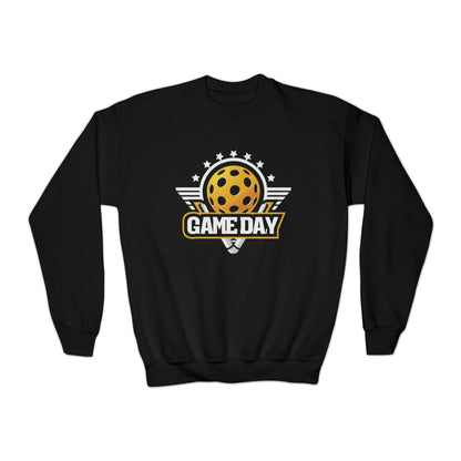 Stellar Pickleball Game Day Emblem with Stars and Winged Ball Design - Youth Crewneck Sweatshirt