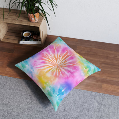 Boho Beach Vibe Pastel Hues Tie-Dye Pattern Design Tufted Floor Pillow, Square