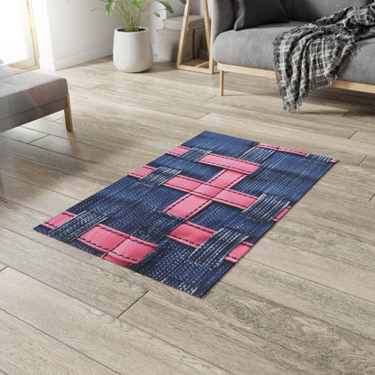 Candy-Striped Crossover: Pink Denim Ribbons Dancing on Blue Stage - Dobby Rug