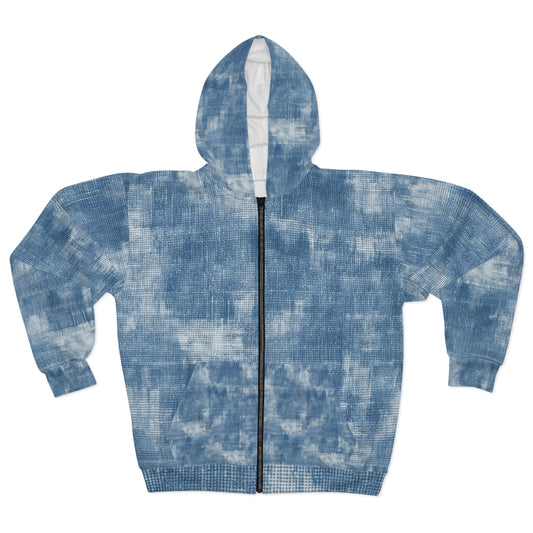 Azul descolorido descolorido: tela con estilo inspirada en la mezclilla - Sudadera con capucha unisex con cremallera (AOP)