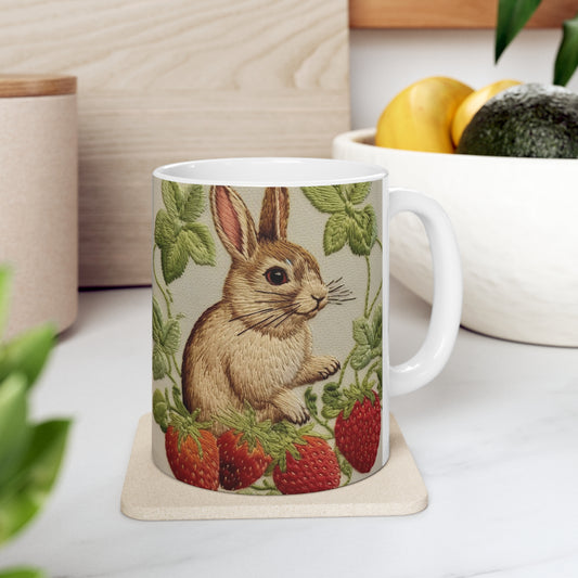 Strawberry Bunny Rabit - Embroidery Style - Strawberries Fruit Munchies - Easter Gift - Ceramic Mug 11oz