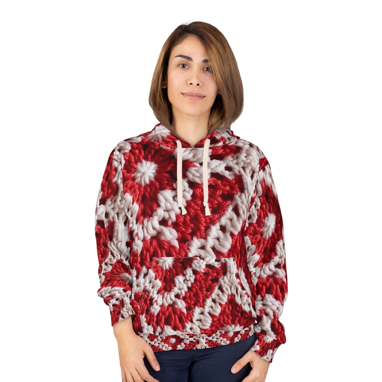 Warm Winter Red & White Crochet Knit: Cinematic Chic Texture Design - Unisex Pullover Hoodie (AOP)