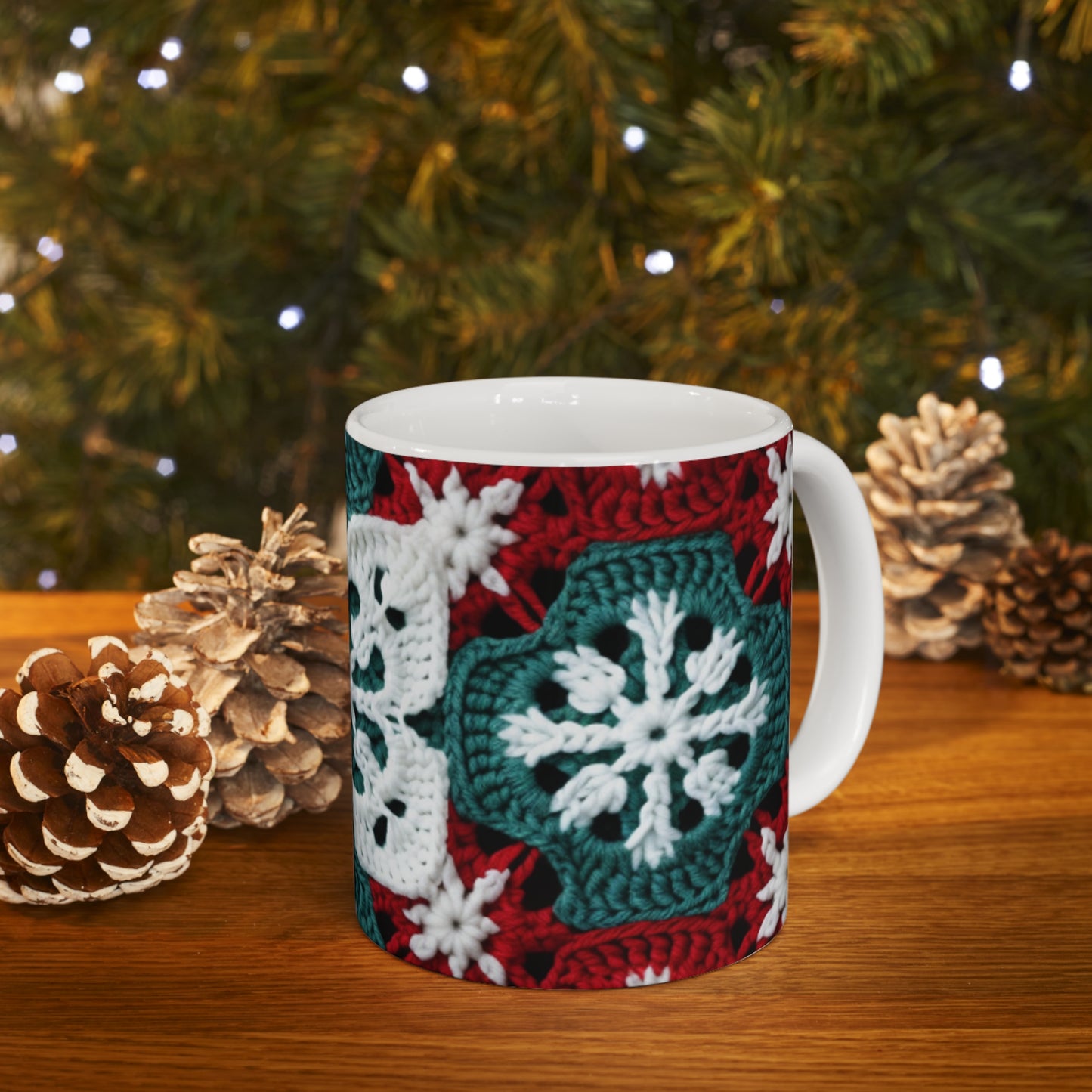 Christmas Snowflake Crochet, Festive Yuletide, Winter Wonderland Craft, Ice Crystal, Holiday Decor, Seasonal Adornments - Ceramic Mug 11oz