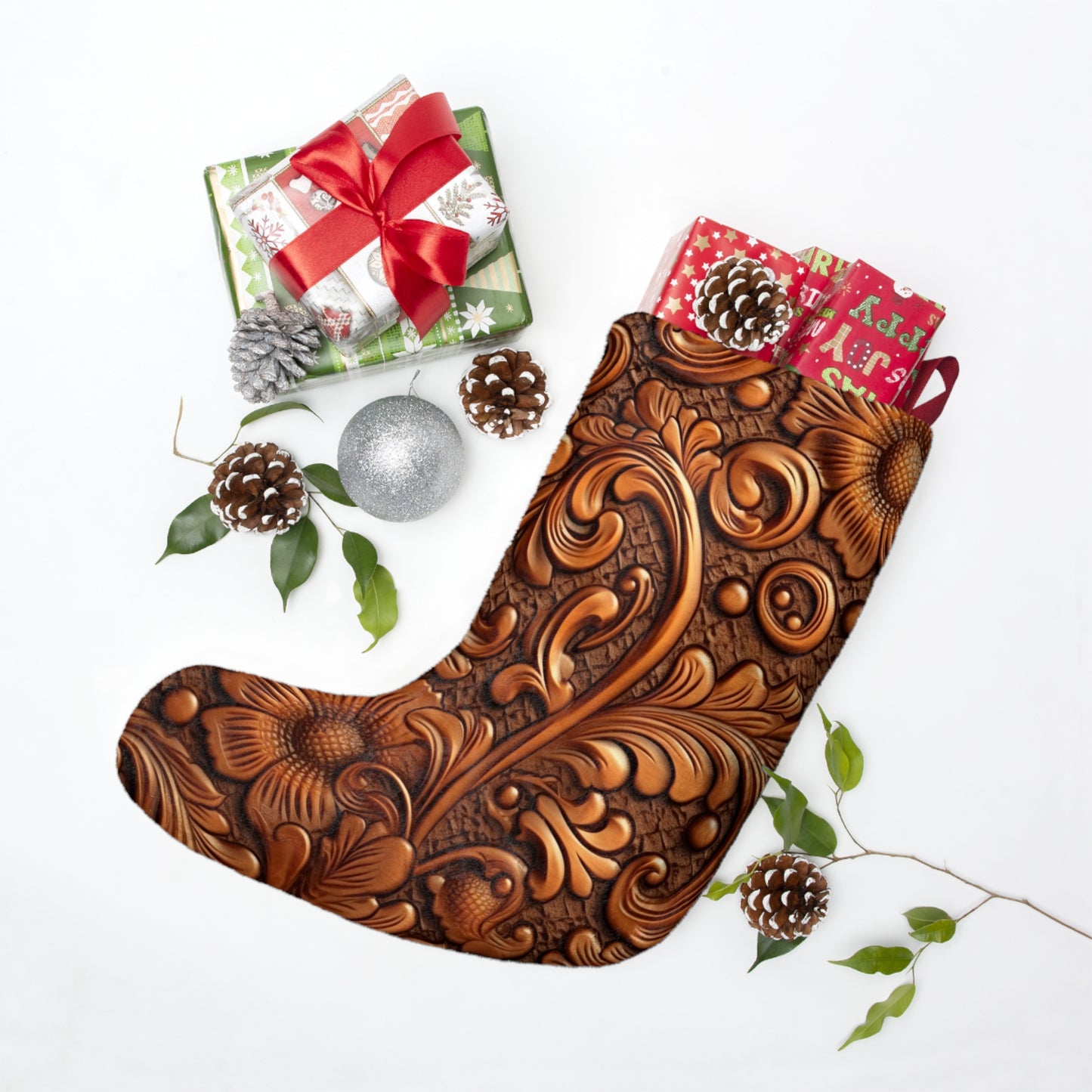 Leather Flower Cognac Classic Brown Timeless American Cowboy Design - Christmas Stockings