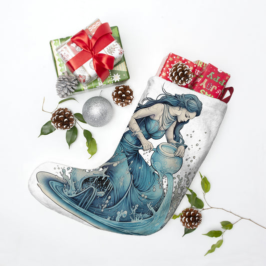 Aquarius Zodiac Symbol - Girl Pouring Water, Hand-Drawn Style - Christmas Stockings