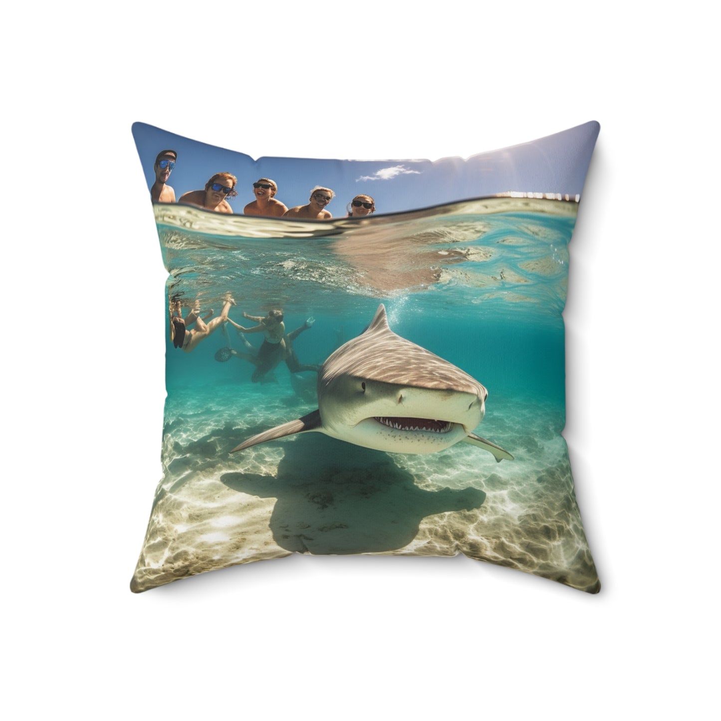 Peaceful Bull Shark with Swimmers: Ocean Scene - Perfect for Sea Lovers - Spun Polyester Square Pillow