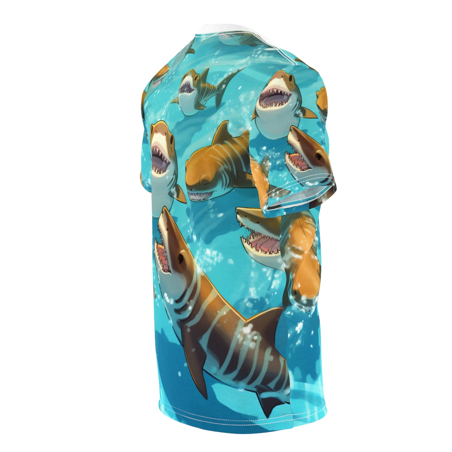 Tiburón tigre: Vida silvestre marina oceánica - Submarino - Camiseta unisex cortada y cosida (AOP) 