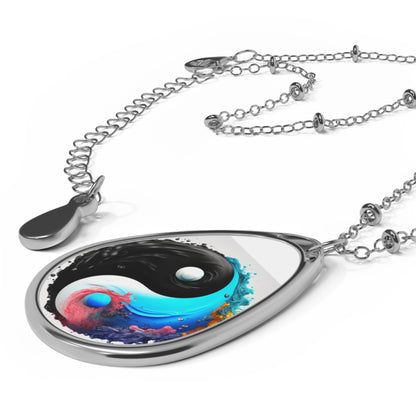 Yin Yang Symbol, Colorful Paint Style - Artistic Decor - Oval Necklace