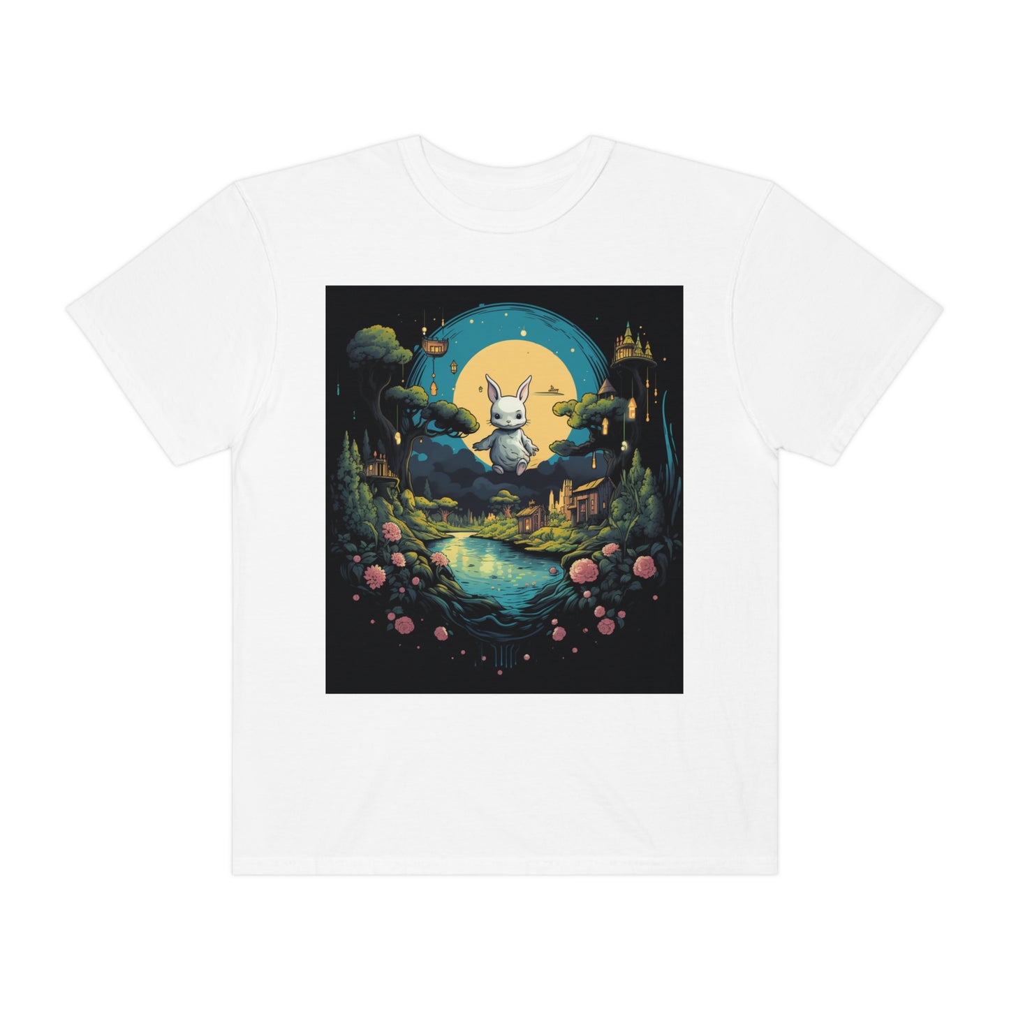 White Rabbit Mystery Psychedelic Fantasy Anime Cartoon Bunny - Unisex Garment-Dyed T-shirt