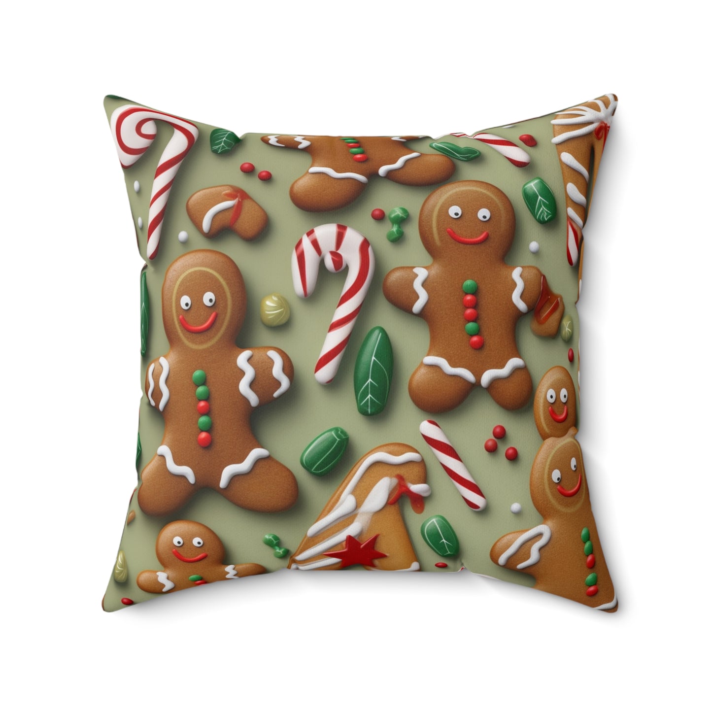 Galleta de Navidad de hombre de jengibre - Árbol - Bastón de caramelo - Almohada cuadrada de poliéster hilado