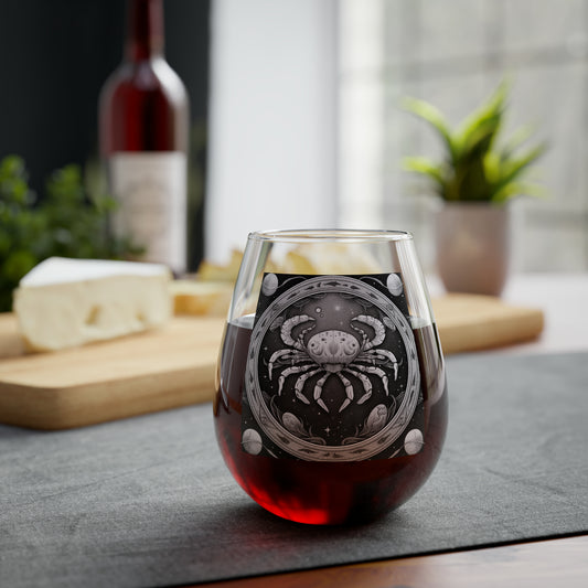 Cancer Zodiac - Stemless Wine Glass, 11.75oz - High-Quality Clear Glass - Black & White Celestial Design