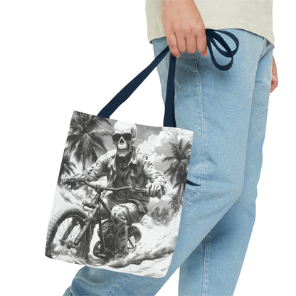 Biker Skeleton Wearing Sunglasses, Riding Sunset Boulevard in California Motorcycle, Tote Bag (AOP)