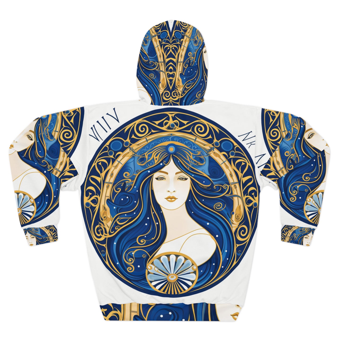 Simetría circular del zodiaco Virgo en azul real dorado - Sudadera con capucha unisex (AOP) 