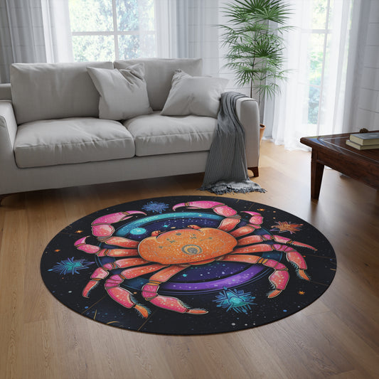 Rainbow Celestial Crab - Vibrant Cancer Zodiac Sign Art - Round Rug