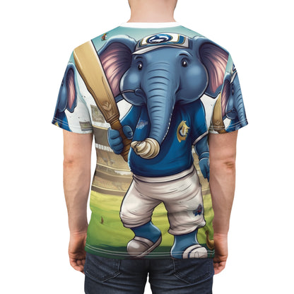 India Elephant Cricket Sport Star: Pitch, Run, Stump Game - Animated Charm - Unisex Cut & Sew Tee (AOP)