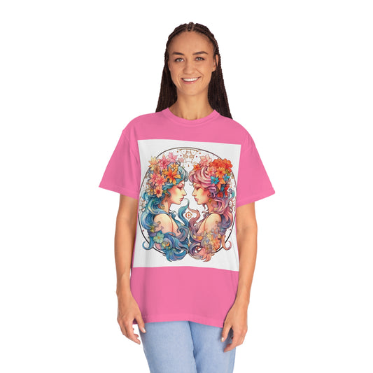 Zodiac Gemini - Twins Symbol, Whimsical Comic Style - Unisex Garment-Dyed T-shirt