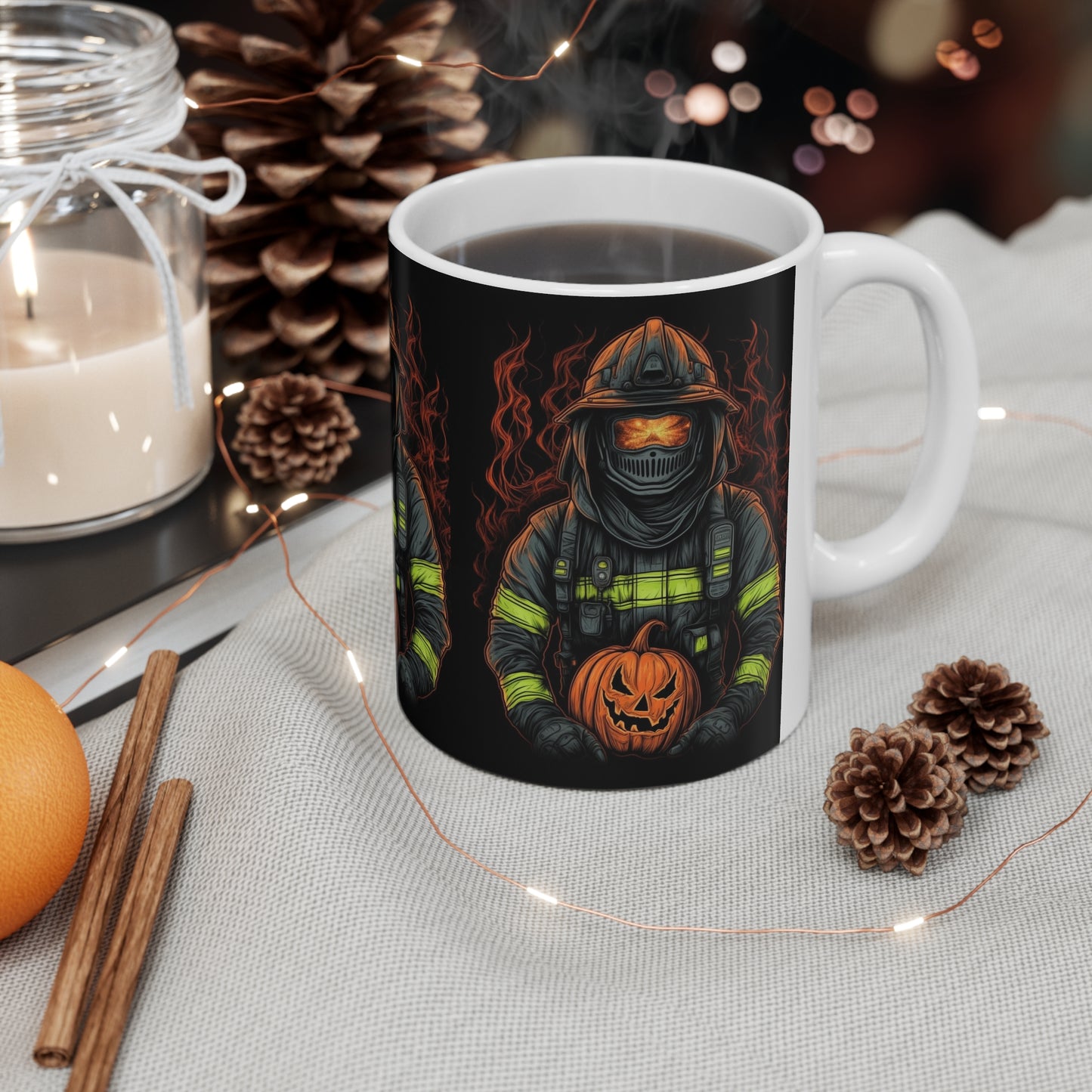 Firefighter Spooky Alert: Facing Haunted Halloween Spirits Scary Fire Pumpkin - Ceramic Mug 11oz