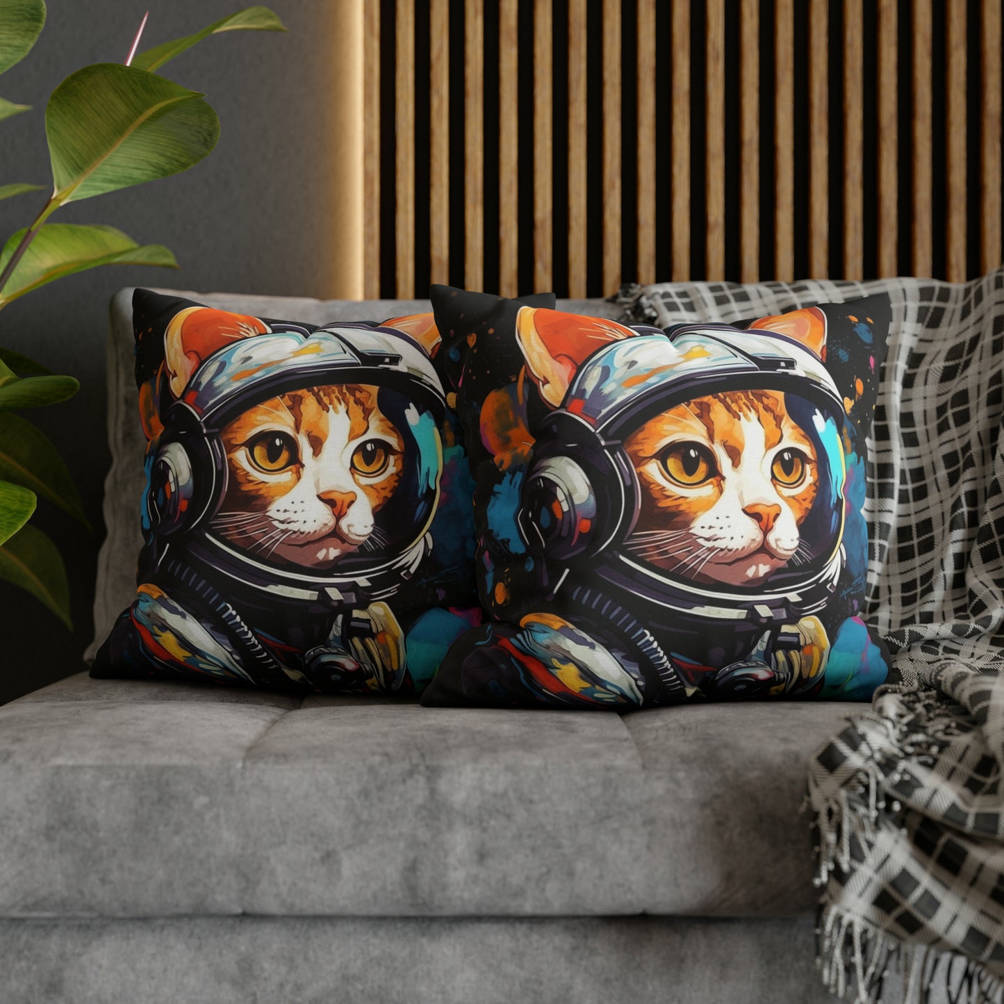 Astro Cat Adventure Feline - Pop Art, Floating in Cosmic Space - Spun Polyester Square Pillow Case