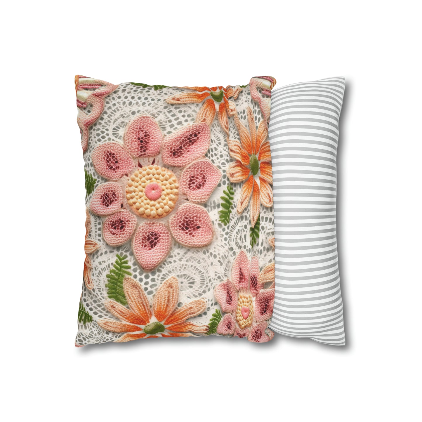 Floral Embroidered Eyelet: Delicate Flower Elegant Pattern - Spun Polyester Square Pillow Case