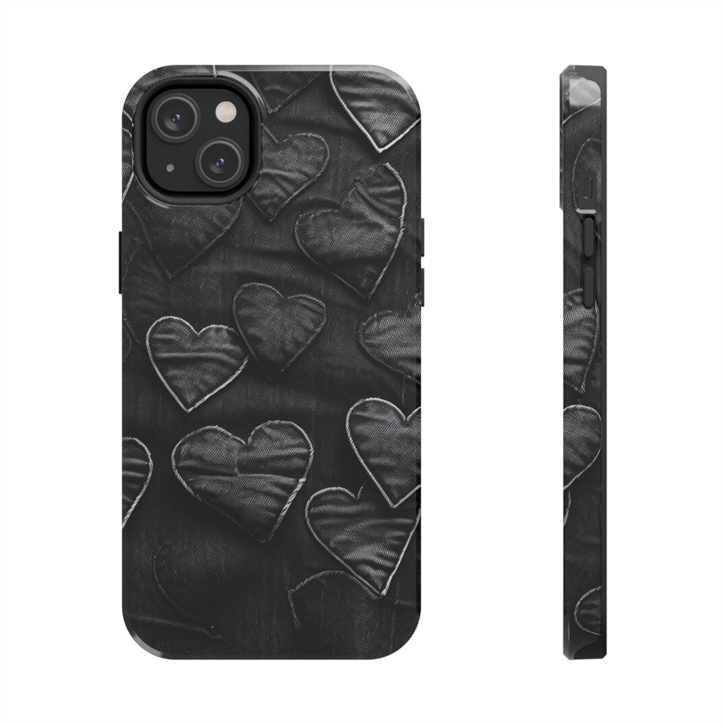 Black: Distressed Denim-Inspired Fabric Heart Embroidery Design - Tough Phone Cases