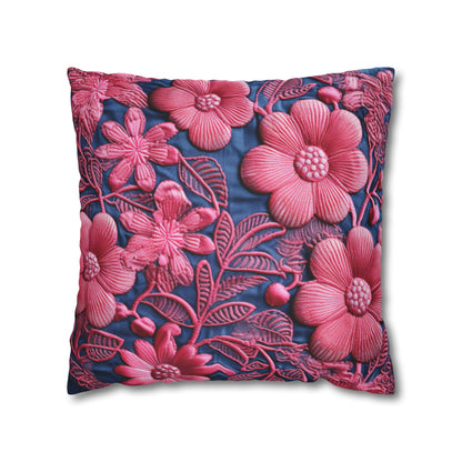 Denim Blue Doll Pink Floral Embroidery Style Fabric Flowers - Spun Polyester Square Pillow Case