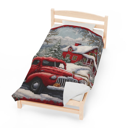 Red Truck Christmas Embroidery: Needlepoint Festive Winter Scene Threadwork - Velveteen Plush Blanket