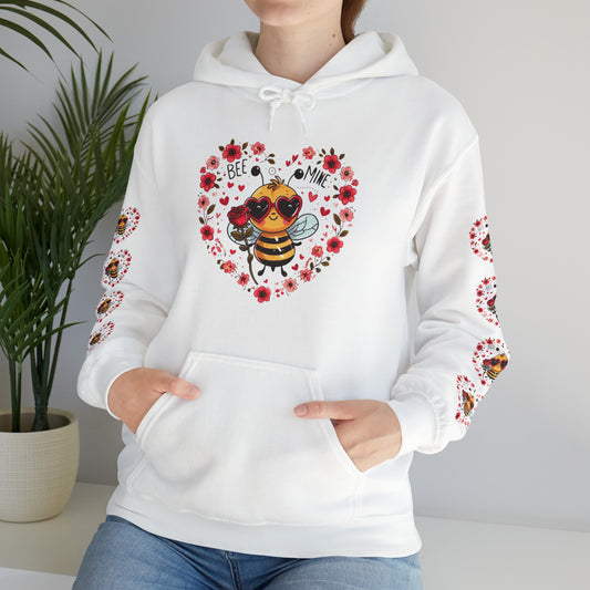 Whimsical Bee Love: Heartfelt Valentines Design with Floral Accents and Heart Sunglasses - Unisex Heavy Blend™ Hooded Sweatshirt