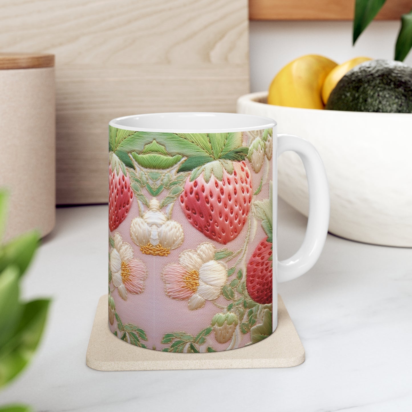 Red Berry Strawberries - Embroid Fruit - Healthy Crop Feast Food Design - Ceramic Mug 11oz