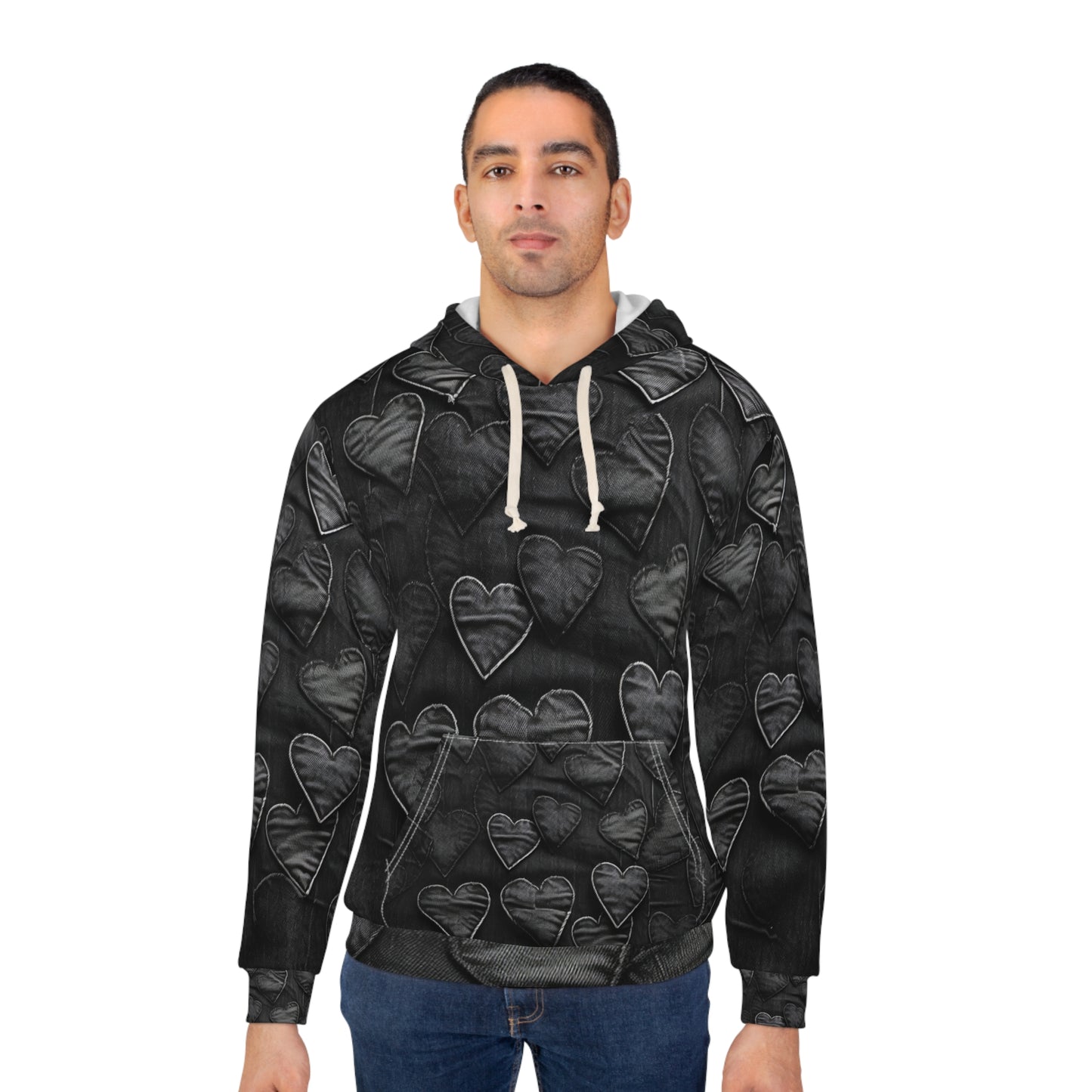 Negro azabache: diseño de bordado de corazón de tela inspirado en mezclilla desgastada - Sudadera con capucha unisex (AOP) 