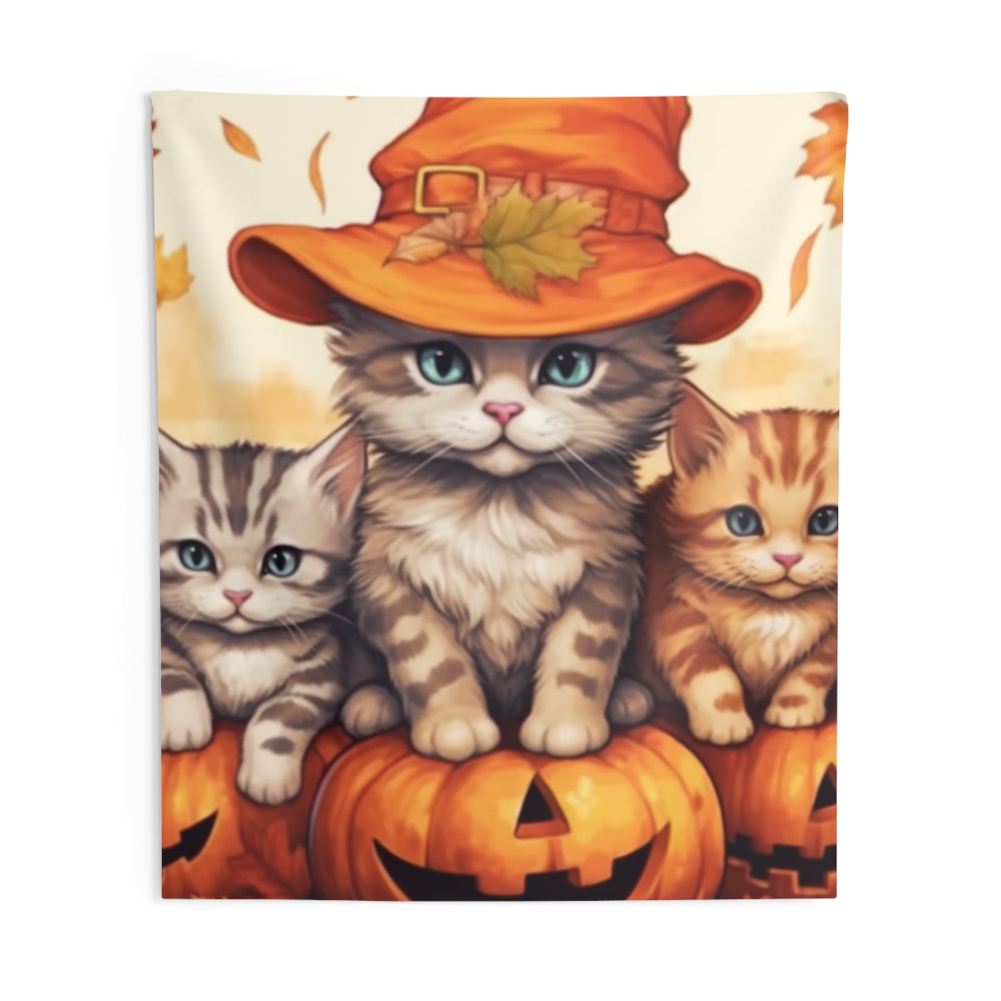 Kitty Cat Kittens Halloween - Cute Furries on Pumpkin - Festive Feline Decor - Indoor Wall Tapestries