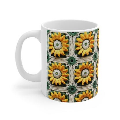 Elegancia de crochet de girasol, diseño Granny Square, motivo floral radiante. Lleva la calidez de los girasoles a tu espacio - Taza de cerámica 11oz 