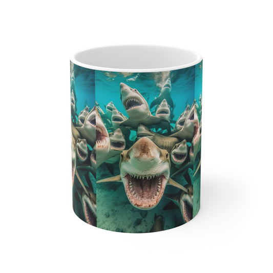 Laughing Lemon Sharks: Joyful Sea Jaws Ocean Deep - Ceramic Mug 11oz