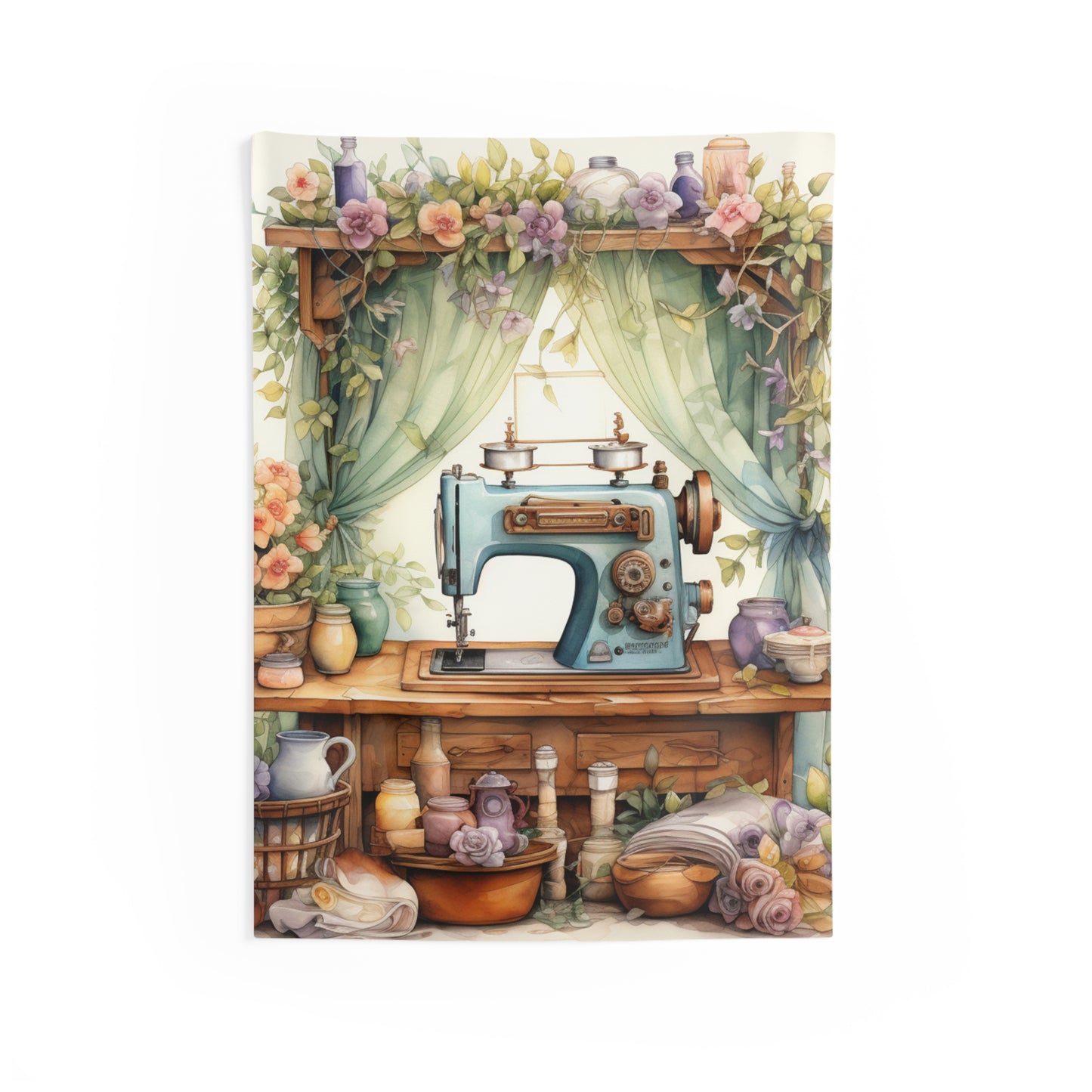 Rustic Sewing Nook Watercolor Illustration, Pastel Vintage Sewing Machine with Floral - Indoor Wall Tapestries