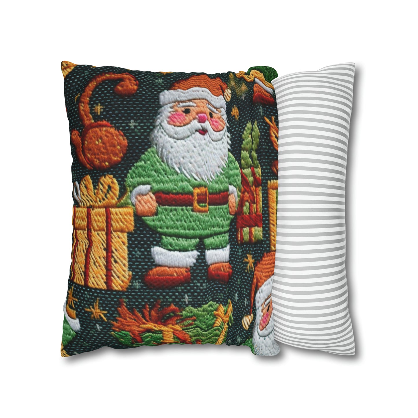 Papá Noel navideño - Regalos bordados - País de las maravillas invernal festivo - Diseño Deck the Halls - Funda de almohada cuadrada de poliéster hilado 