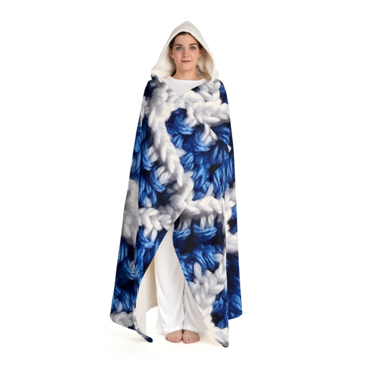 Blueberry Blue Crochet, White Accents, Classic Textured Pattern - Hooded Sherpa Fleece Blanket