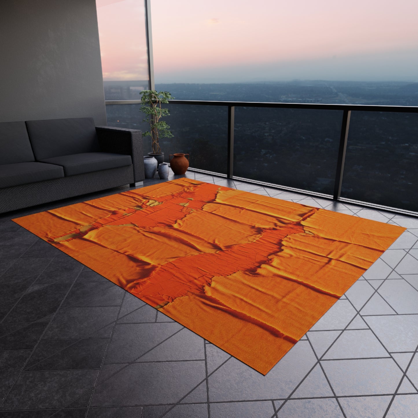 Fiery Citrus Orange: Edgy Distressed, Denim-Inspired Fabric - Outdoor Rug