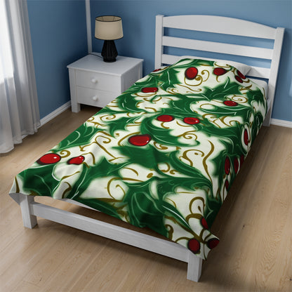 Holiday Elegance: Christmas Holly Swirls Design - Velveteen Plush Blanket