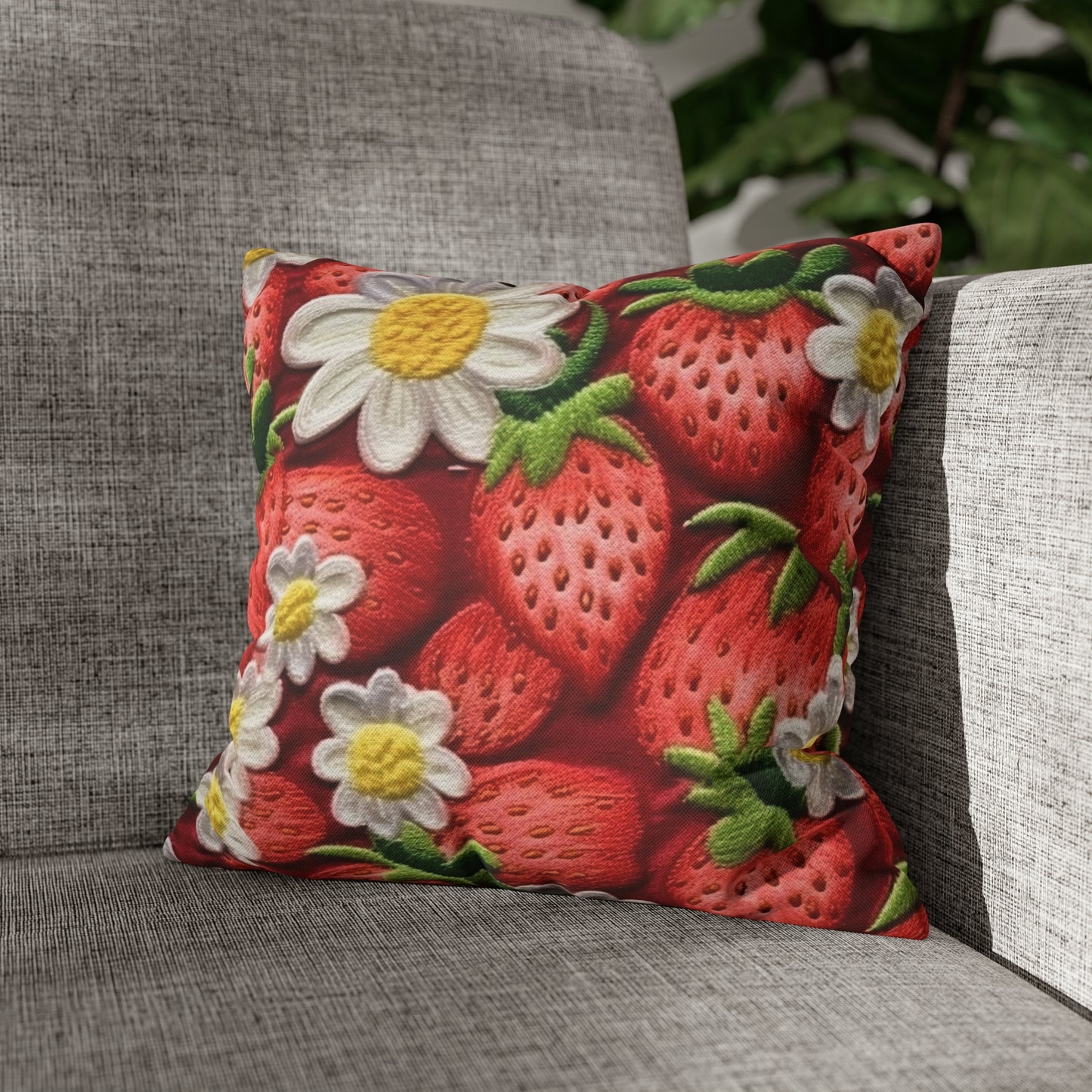 Strawberry Strawberries Embroidery Design - Fresh Pick Red Berry Sweet Fruit - Spun Polyester Square Pillow Case