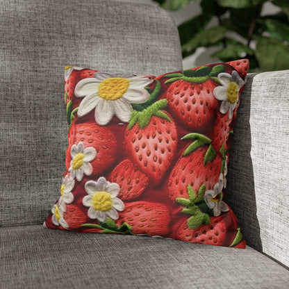 Strawberry Strawberries Embroidery Design - Fresh Pick Red Berry Sweet Fruit - Spun Polyester Square Pillow Case