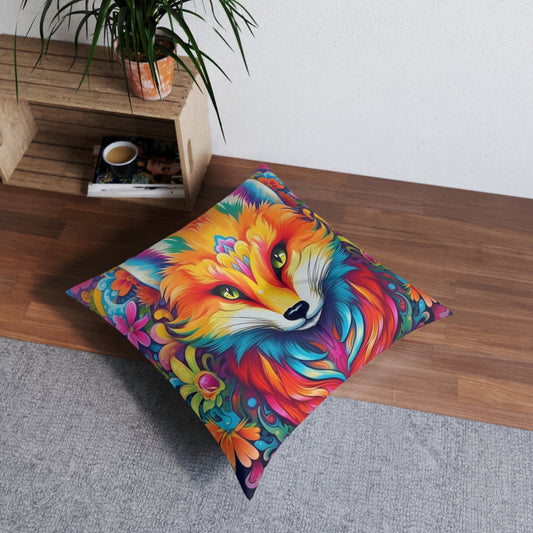 Vibrant & Colorful Fox Design - Unique and Eye-Catching - Tufted Floor Pillow, Square