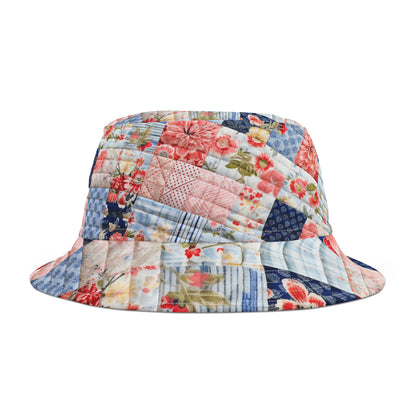 Floral Harmony Quilt, Blossom Patchwork, Blue and Pink Quilted Patterns, Garden Quilt, Soft Pastel Quilting Squares Design - Bucket Hat (AOP)